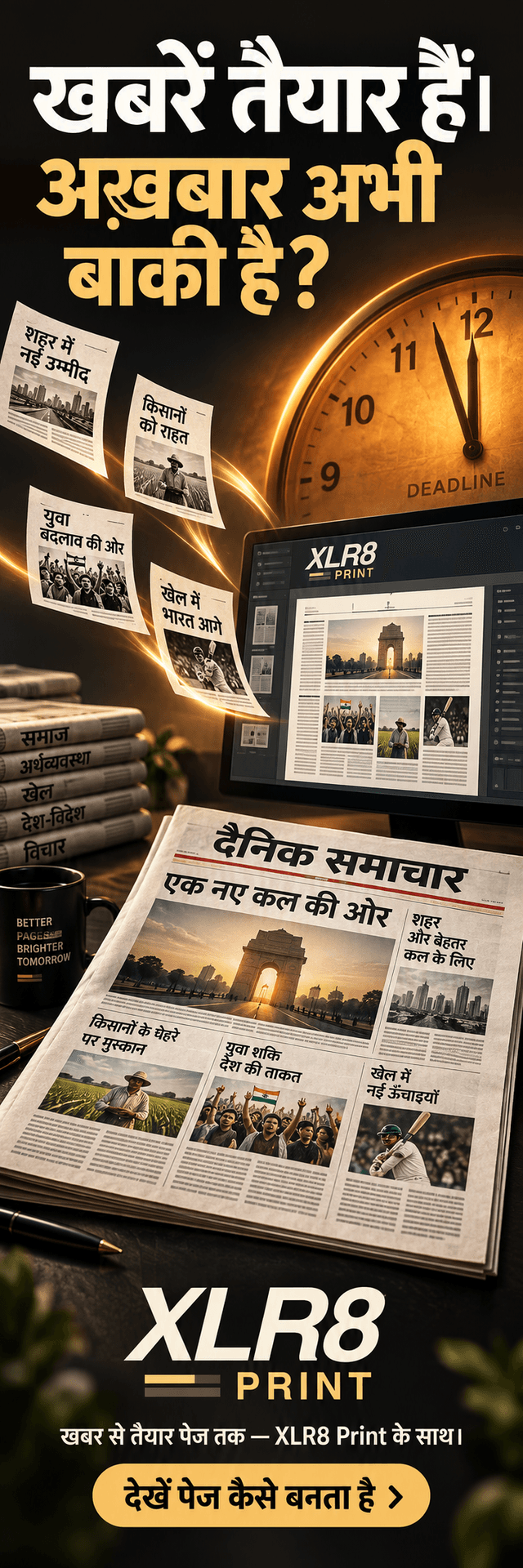 XLR8 Print — खबरें तैयार हैं। अख़बार अभी बाकी है? Newspaper page production.